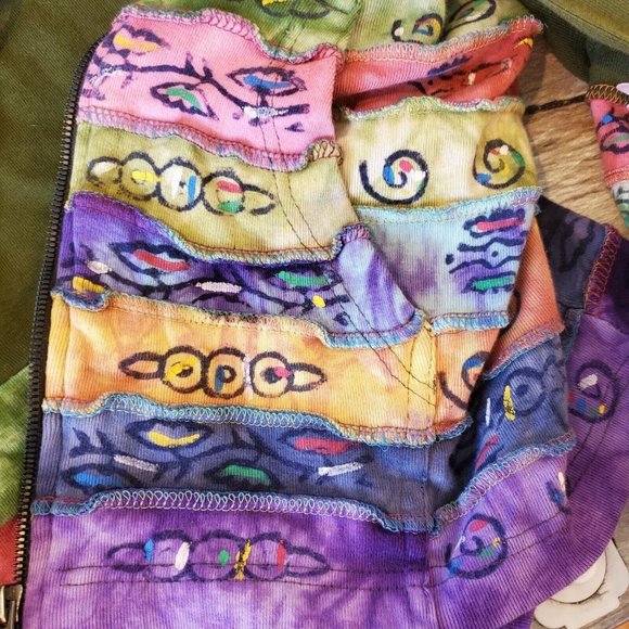 90s Boho Hippie Zipup Jacket Hooded Patchwork Green Handpainted Sun Large - Picture 11 of 15